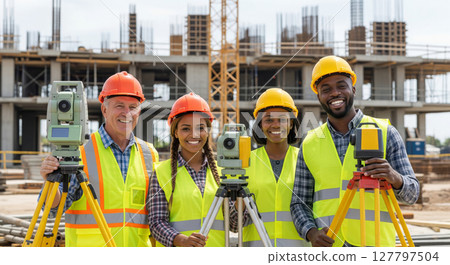 Diverse surveying team celebrates successful project milestone at bustling construction site 127797504