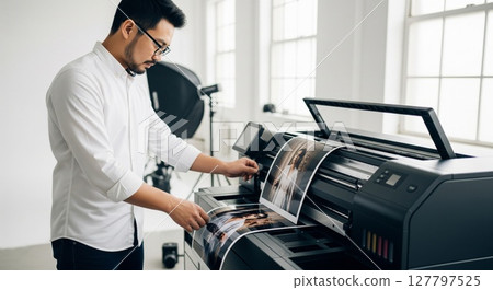 Creative Professional Operating Large Format Digital Printer in Bright Modern Studio Space Creative Professional Operating Large Format Digital Printer in Bright Modern Studio Space 127797525