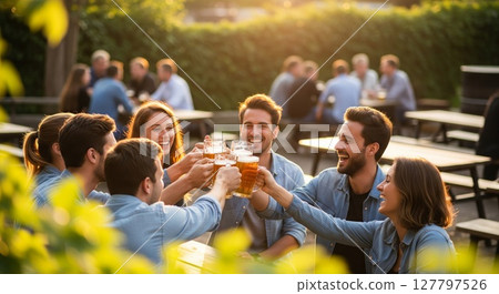 Friends celebrating with beer toast at outdoor garden party during golden hour sunshine 127797526