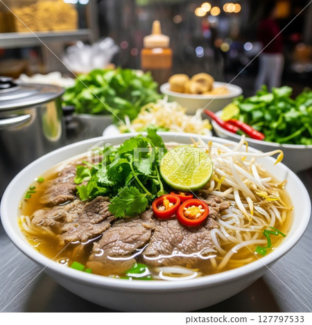 Authentic Vietnamese Pho Bo Beef Noodle Soup with Fresh Herbs and Lime in Restaurant Setting 127797533