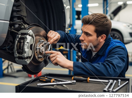 Skilled automotive technician performing precise brake system maintenance in professional garage 127797534