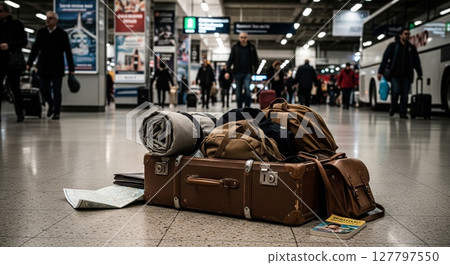 Vintage leather suitcase packed with travel gear sits ready in bustling airport terminal Vintage leather suitcase packed with travel gear sits ready in bustling airport terminal 127797550