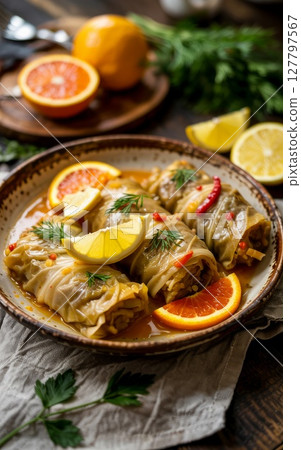 Traditional Balkan Sarma Cabbage Rolls with Citrus Garnish in Rustic Ceramic Bowl 127797567