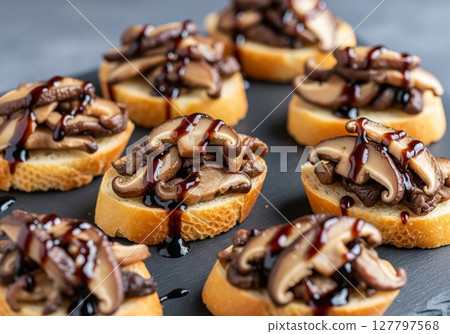 Gourmet Mushroom Bruschetta with Balsamic Glaze on Toasted Bread Slices Gourmet Mushroom Bruschetta with Balsamic Glaze on Toasted Bread Slices 127797568