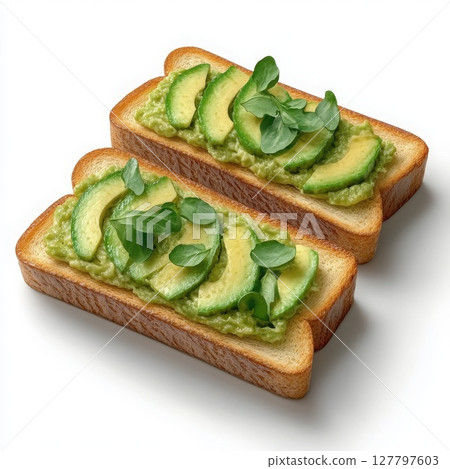 Two slices of toasted bread with mashed avocado and watercress on white background 127797603