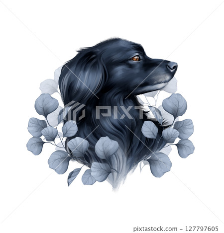 Elegant Black Dog with Blue Leaves 127797605