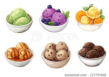 Ice cream scoops of different flavors filling white bowls 127797606