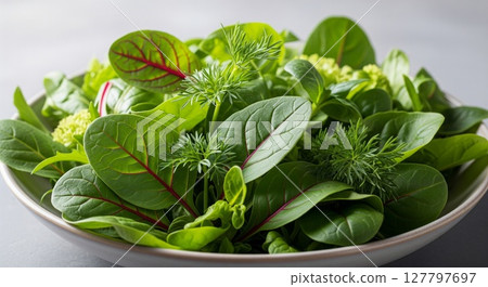 Fresh Mixed Greens and Herbs Arranged in White Bowl for Gourmet Salad Preparation 127797697