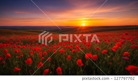 Breathtaking Red Poppy Field Illuminated by Golden Sunrise Over Rolling Countryside Hills 127797702