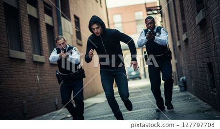 Intense Police Chase Scene with Officers Pursuing Suspect Through Urban Alley 127797703