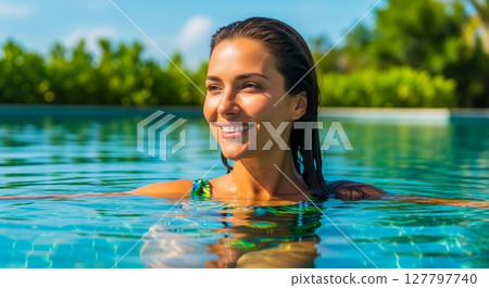 Radiant Woman Enjoying Crystal Clear Turquoise Swimming Pool on Sunny Tropical Day 127797740