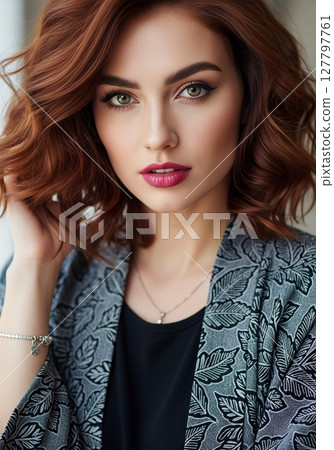 Stunning Auburn Haired Woman with Bold Crimson Lips in Elegant Floral Blazer Portrait 127797761