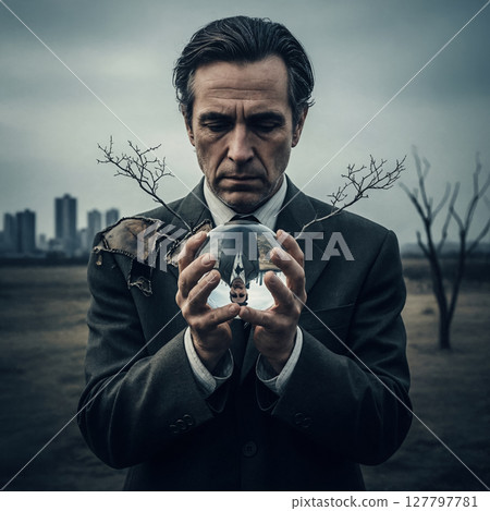 Mysterious Business Executive Holding Crystal Sphere Against Dystopian Urban Wasteland 127797781