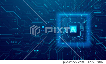 Technology circuit board background. Artificial Intelligence microchip Technology circuit board background. Artificial Intelligence microchip 127797807