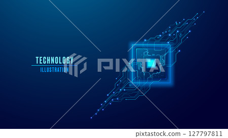 AI chip with circuit wires with bright light electric dots AI chip with circuit wires with bright light electric dots 127797811