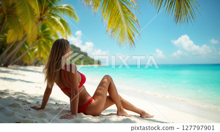 Tropical Paradise Serenity: Pristine Beach Relaxation Under Swaying Palm Fronds 127797901