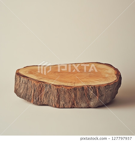 Natural tree cross-section slab on beige background 127797937