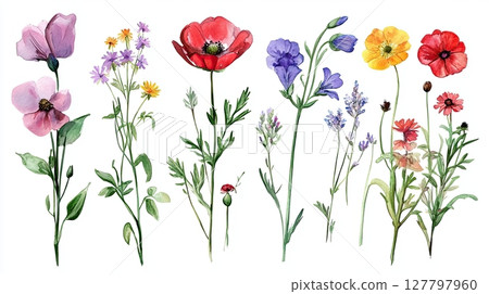 Collection of colorful meadow flowers with intricate textures and natural botanical elements Collection of colorful meadow flowers with intricate textures and natural botanical elements 127797960