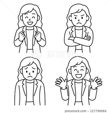 Young women's emotions set (business suit, line drawing) 127798068