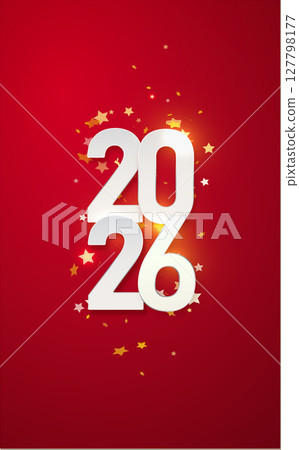 2026 gold metal number for New Year . Festive Christmas banner with falling confetti on bright background. Realistic Golden 3d number. Vector 2026 gold metal number for New Year . Festive Christmas banner with falling confetti on bright background. Realistic Golden 3d number. Vector 127798177