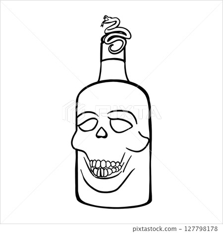Bottle with drawing skull. A black and white line drawing bottle featuring a snake coiled around the cap. Hand-drawn vector illustration suitable for horror, Halloween, or gothic themes 127798178