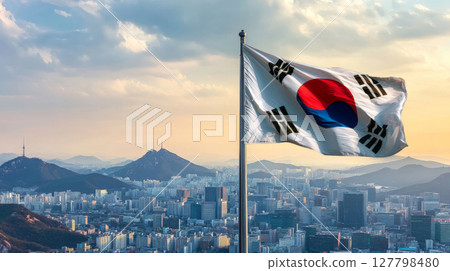 South Korean flag waves proudly against a beautiful skyline during independence and flag day celebrations 127798480
