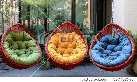 Three colorful hanging basket chairs with vibrant green, yellow, and blue cushions suspended in a modern outdoor patio Three colorful hanging basket chairs with vibrant green, yellow, and blue cushions suspended in a modern outdoor patio 127798555