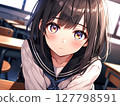 Illustration: Beautiful girl in black hair and uniform, indoor background 127798591