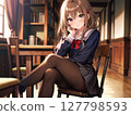 Illustration: Beautiful girl in uniform, classroom background 127798593