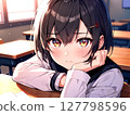 Illustration: Beautiful girl in black hair and uniform, indoor background 127798596