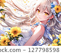 Illustration: Beautiful girl with platinum blonde hair and wedding dress on floral background 127798598