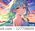 Illustration: Beautiful green-haired girl with sunset background 127798600