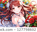 Illustration: Beautiful girl with brown hair and wedding dress on floral background 127798602