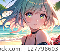 Illustration: Beautiful girl with pink and blue hair, seaside background 127798603