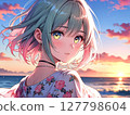 Illustration: Beautiful girl with pink and blue hair, sunset background 127798604