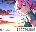 Illustration of a beautiful pink-haired girl with a sunset background 127798605