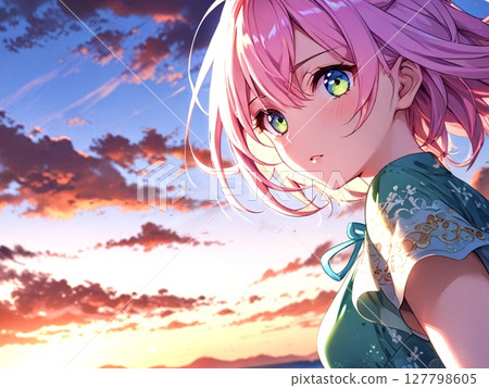 一個美麗的粉紅色頭髮的女孩與日落背景的插圖 127798605