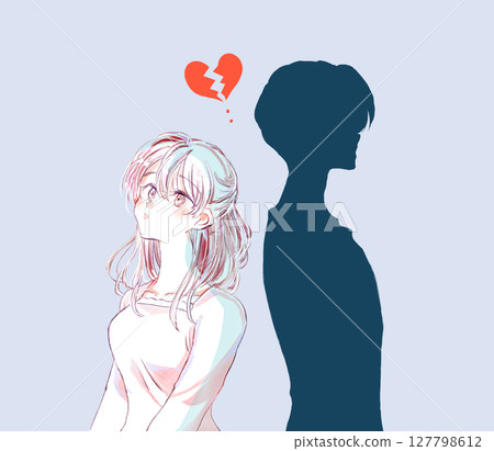 Man and woman standing back to back, silhouette of man, upper body, broken heart, negative Man and woman standing back to back, silhouette of man, upper body, broken heart, negative 127798612