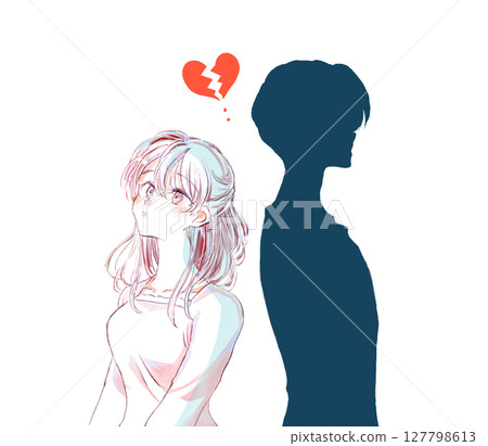 Man and woman standing back to back, silhouette of man, upper body, broken heart, negative 127798613