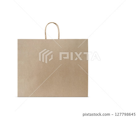 Large empty brown kraft paper bag isolated on white background. Eco-friendly shopping bag made of recycled paper. Template with copy space. Large empty brown kraft paper bag isolated on white background. Eco-friendly shopping bag made of recycled paper. Template with copy space. 127798645