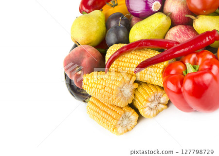 Collection fruits and vegetables isolated on a white. Free space for text. 127798729