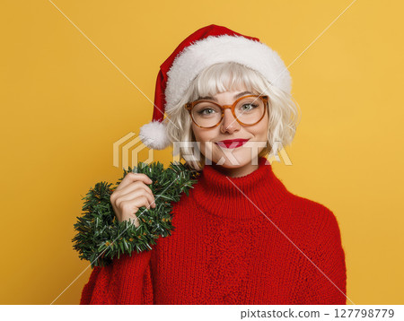 Cheerful woman in red sweater and Santa hat holding green Christmas wreath 127798779