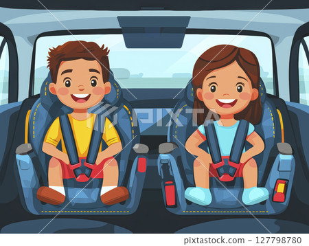 Two happy children sitting in car seats with seat belts fastened for safety 127798780