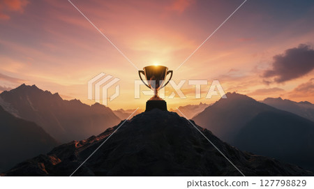 Glowing trophy atop mountain peak under vibrant sunrise symbolizing motivation and achievement 127798829