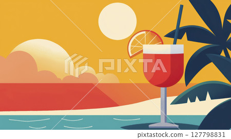 Vibrant summer beach scene with refreshing cocktail and warm sunset glow 127798831