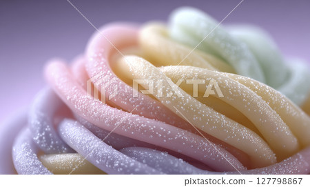 Ultra stretchy pastel slime pulled delicately thin threads with bubbles in macro texture 127798867