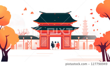 Scenery with shrine and autumn leaves 127798949
