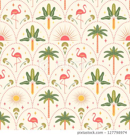 Tropical seamless pattern vector illustration. Pink flamingos, bright palm trees, sun shapes on light scallop arch background. Summer beach vacation vibes repeat tile design, modern symmetrical style Tropical seamless pattern vector illustration. Pink flamingos, bright palm trees, sun shapes on light scallop arch background. Summer beach vacation vibes repeat tile design, modern symmetrical style 127798974