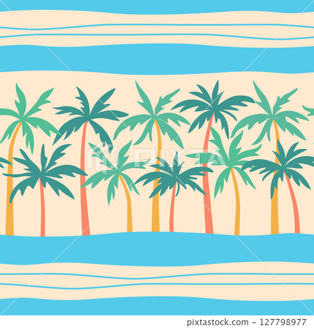 Palm trees vector seamless pattern. Tropical beach design with palms and blue wavy stripes on sand beige background. Exotic summer island vacation repeat tile in flat cartoon style for fabrics, decor 127798977