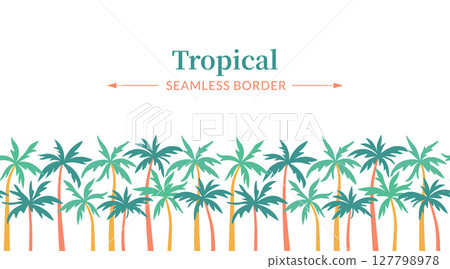 Palm trees vector seamless border. Tropical horizontal border frame isolated on white background. Exotic jungle plants in minimalist flat cartoon style for summer sale banner, travel, tourism designs Palm trees vector seamless border. Tropical horizontal border frame isolated on white background. Exotic jungle plants in minimalist flat cartoon style for summer sale banner, travel, tourism designs 127798978